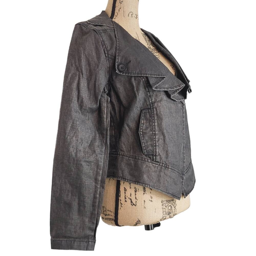 CAbi Charcoal Coated Linen Draped Ruffle Collar Cropped Moto Jacket Medium - Picture 6 of 13